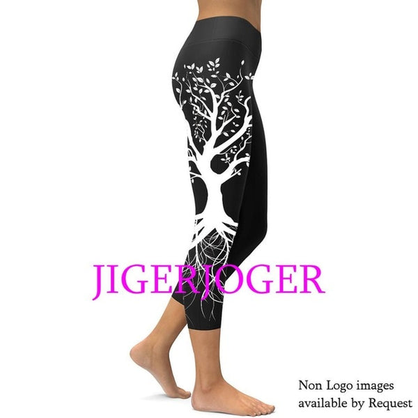 JIGERJOGER 2019 Spring New High waistband pocket Tree of life mandala pink 3/4 Yoga Capris Legging Shorts 7/8 compression tights